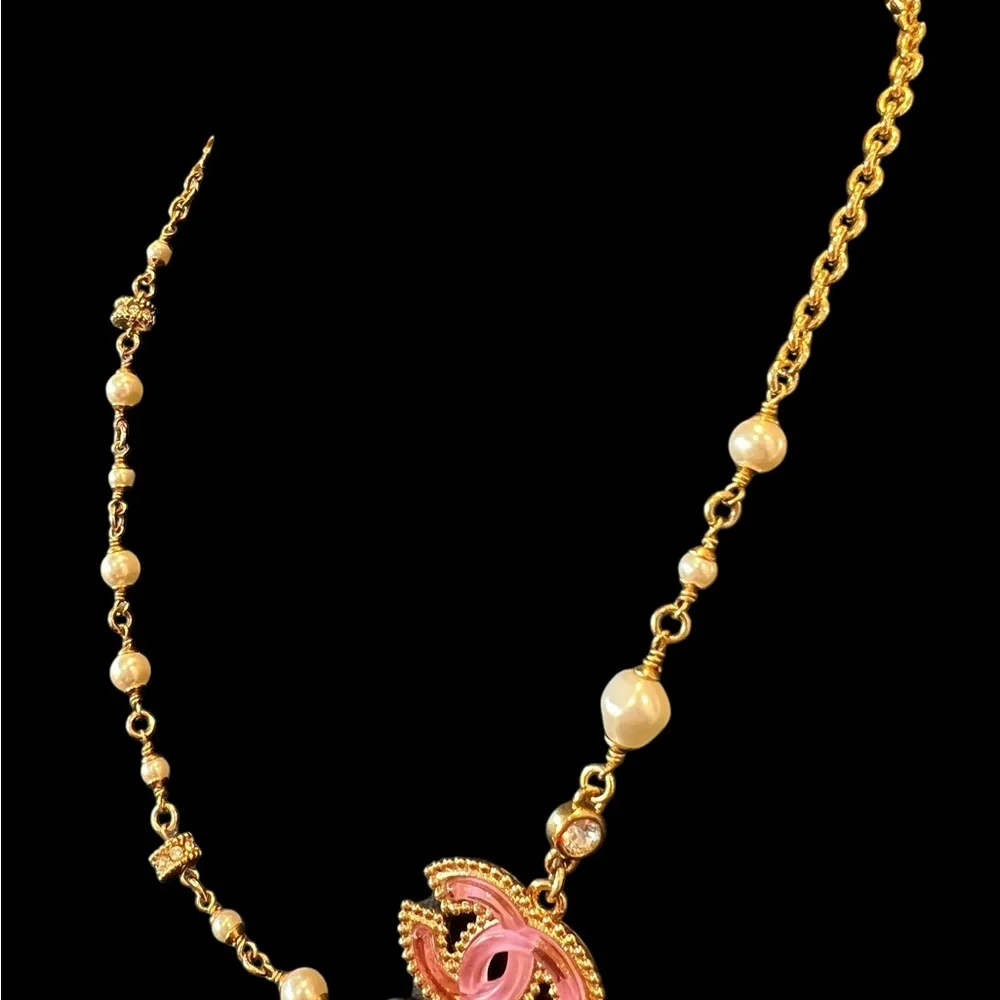CHANEL Gold Chain Necklace with Pink Enamel CC Strass and Pearl Accents - Picture 8 of 9